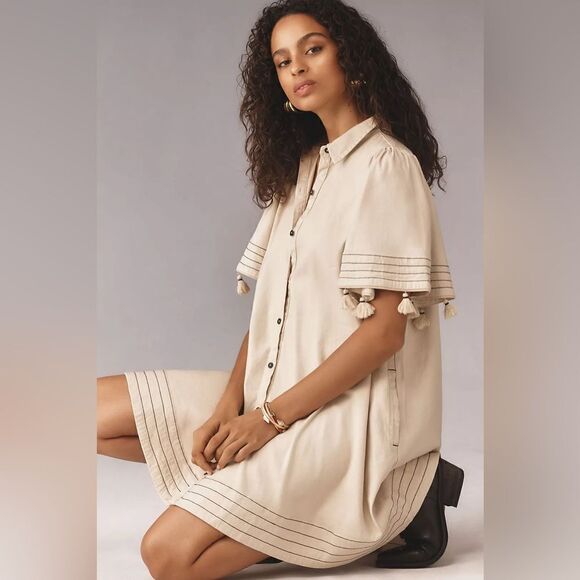 Anthropologie Maeve Collared Linen Button-Front Tassel Mini Dress NWT - Picture 2 of 9
